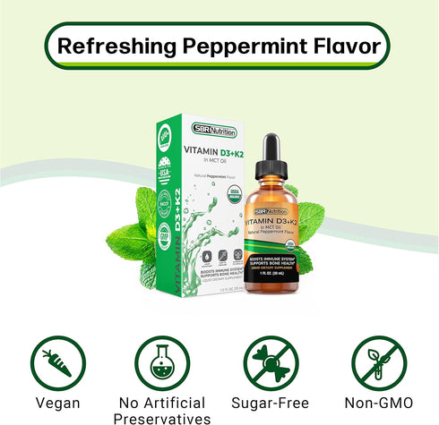 MAX Absorption Vitamin D3 + K2 (MK-7) Liquid Drops - Peppermint Flavor, Supports Strong Bones and Healthy Heart