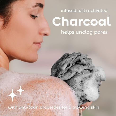 MainBasics Charcoal Infused Bath Shower Loofah Sponge Pouf Body Wash Scrubber - Set of 3