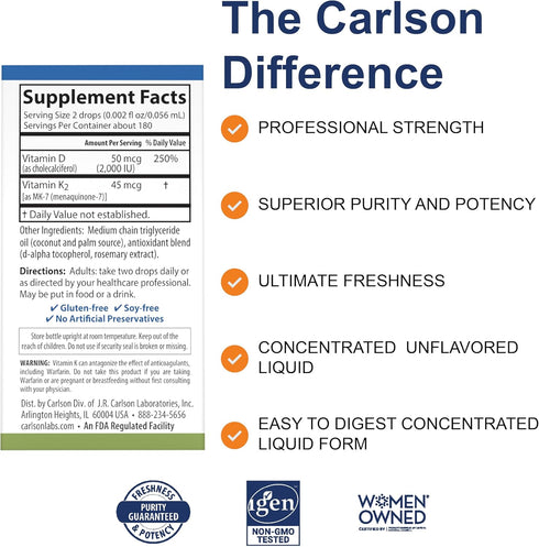 Carlson Super Daily D3 + K2, 50 mcg D3 + 45 mcg MK-7 for Heart & Bone Health, 360 Liquid Drops, 10.16 ml
