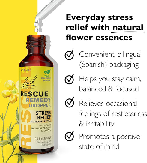 Bach RESCUE Remedy Dropper 20mL, Natural Stress Relief, Homeopathic Flower Essence, Vegan, Gluten & Sugar-Free, Non-Habit Forming (Non-Alcohol Formula)