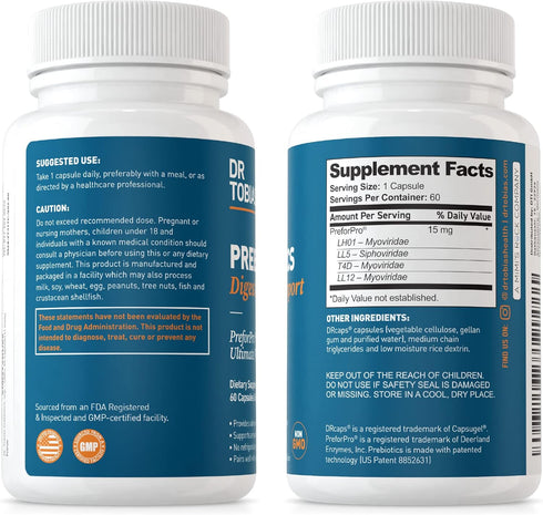 Dr. Tobias Prebiotics, Supports Digestion & Gut Health, Vegan & Non-GMO Supplements for Men and Women, 60 Capsules