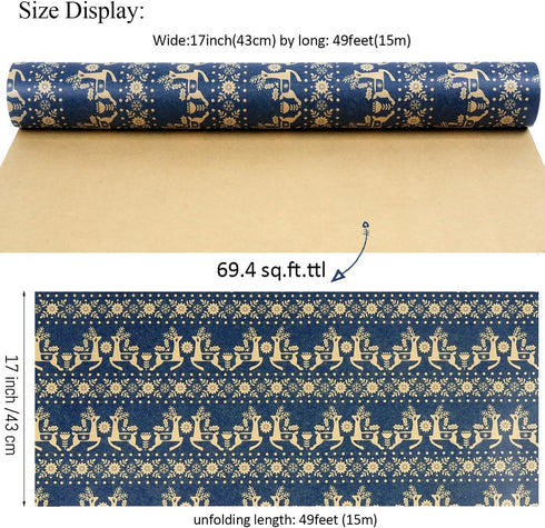KESTAR 17 Inch 49 (69.4 Christmas Wrapping Paper Roll, Navy Blue Kraft Wrapping Paper, x Feet, Snowflake, Xmas Floral