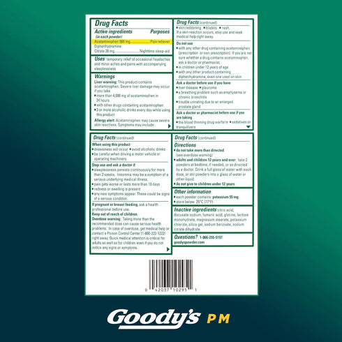 Goody's PM Nighttime Powder, Acetaminophen 500mg, Dissolve Packs for Pain with Sleeplessness, 12 Pack