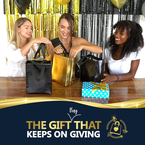 Nush Nush Black & Gold Gift Bags, Medium Size Set of 12 Reusable Bags for Birthday, Anniversary, Graduation