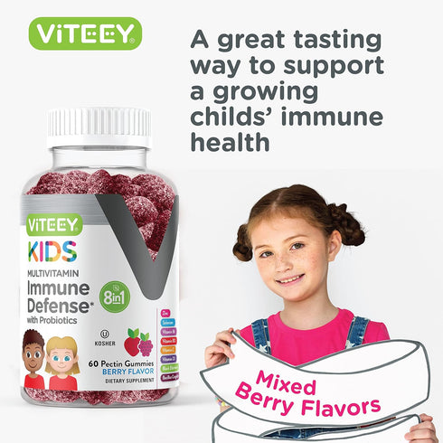 Kids Multivitamin Gummies with Probiotics, 8-1 Vitamins for Immune Health Support, Chewable Berry Flavored