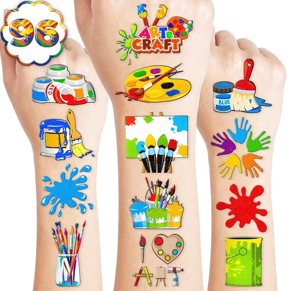 104 PCS Art Artist Paint Brushes, Temporary Tattoos, Birthday Party Decorations, Sip and Paint Colorful Decor Stickers
