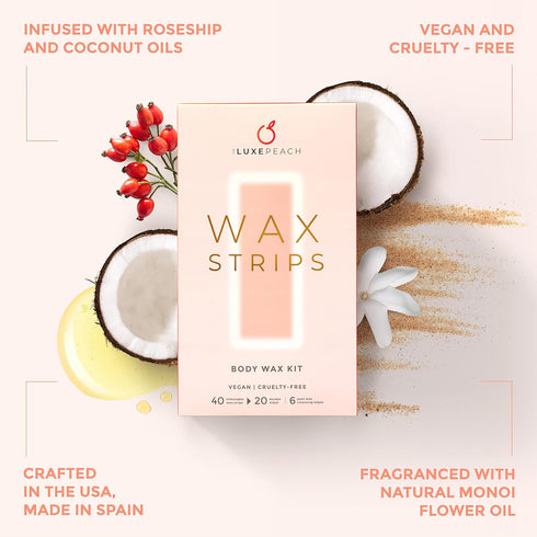 Wax Strips for Hair Removal - Vegan & Cruelty-Free Wax Strips with Coconut & Rosehip Oils, 40 Count