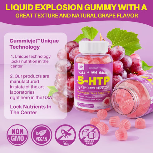 5HTP Gummies for Adults & Kids 8+ with GABA + Magnesium Glycinate - 5-HTP 200MG Supplement for Sleep Regulation, 60 Cts