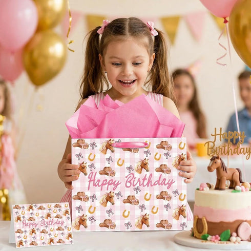 Nefrayd Cowgirl Gift Bag, Pink Western Gift Bag with Card and Tissue Paper, Western Theme Birthday Party Decorations
