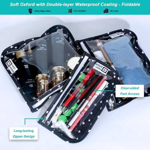 TSA Approved Toiletry Bag Set of 3 Clear Travel Quart Size Zipper Pouches, Waterproof Makeup Bag for Toiletries, Cacti A