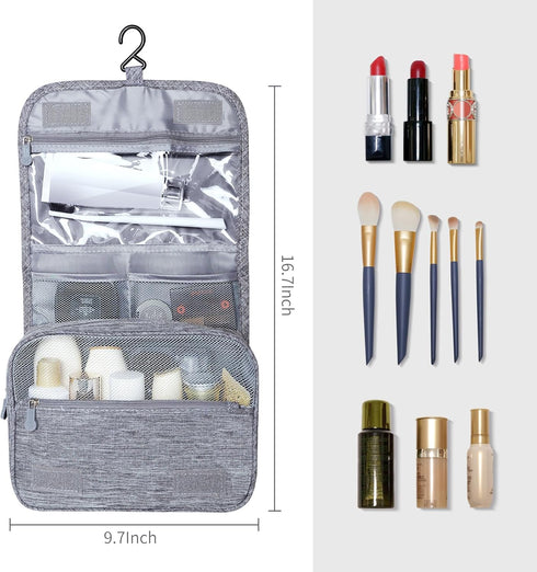 Large Capacity Toiletry Bag with Hanging Hook for Men and Women, Waterproof Travel Cosmetic Bag in Grey