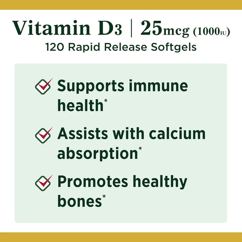 Nature's Bounty Vitamin D3 1000 IU, 120 Count Soft Gels