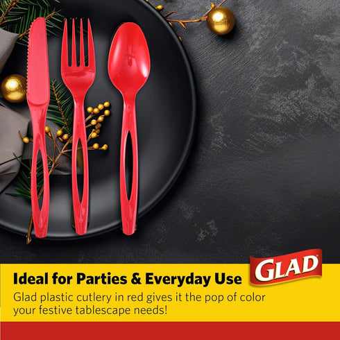 Glad Heavy Duty Full Size Assorted Plastic Cutlery Set, Red Extra Heavy Duty Forks, Knives, and Spoons (Pack of 48)