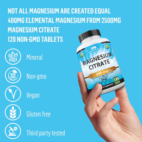 Magnesium Citrate 400 mg - Essential Mineral for Heart, Muscle, & Digestion Support - Non-GMO - 120 Tablets High Potency
