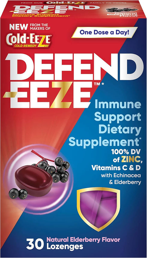 Defend-EEZE Immune Support Lozenges, 100% Daily Value of Zinc, Vitamins C & D, Elderberry Flavor, 30 Lozenges