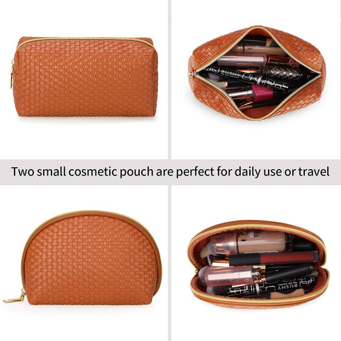 KTMOUW 3 Pcs Waterproof Makeup Bag Set: Portable Travel Cosmetic Organizer, Weave Toiletry Bag for Women, Brown