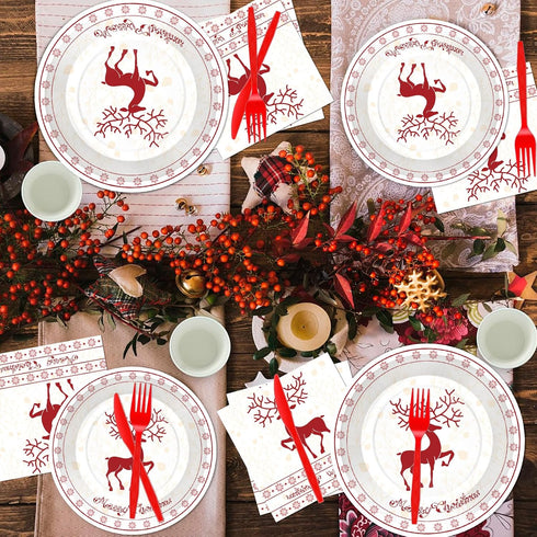 Xionpe 140-Pc Set 20 Christmas Disposable Tableware for Guests - Reindeer Themed Party Supplies with Dinner Plates