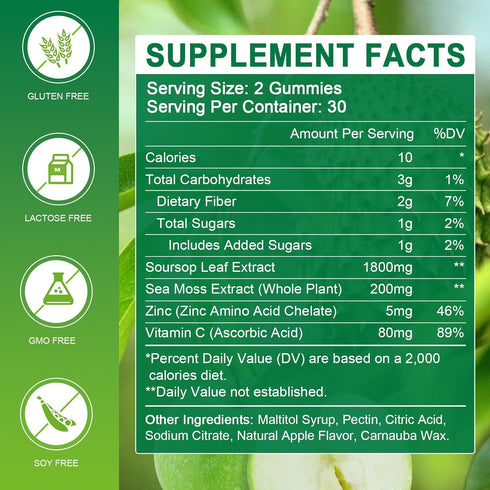 Soursop Graviola Gummies - 1800mg Soursop Leaves Extract Gummies with 200mg Sea Moss Extract for Antioxidant, Cell Support & Regeneration, Immune Support, Vegan, Apple Flavor - 60 Gummies