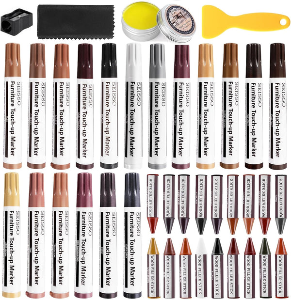SEISSO 18 Colors Furniture Repair Kit, Touch Up Markers and Wood Filler Sticks with Polish Wax for Scratches and Stains