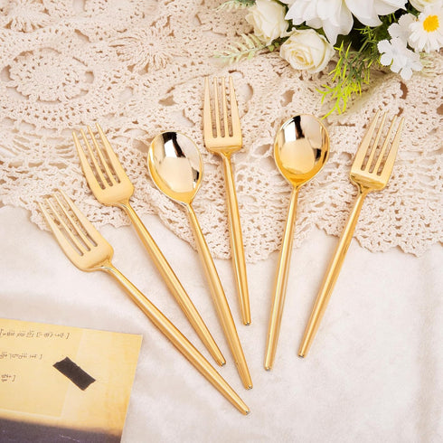 SUT 100 Pcs Gold Plastic Silverware, Disposable Forks and Spoons for Parties and Weddings