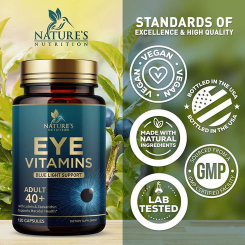 Eye Vitamins & Mineral Supplement, 120 Capsules, Lutein, Zeaxanthin, Bilberry & Zinc for Eye Strain & Vision Health