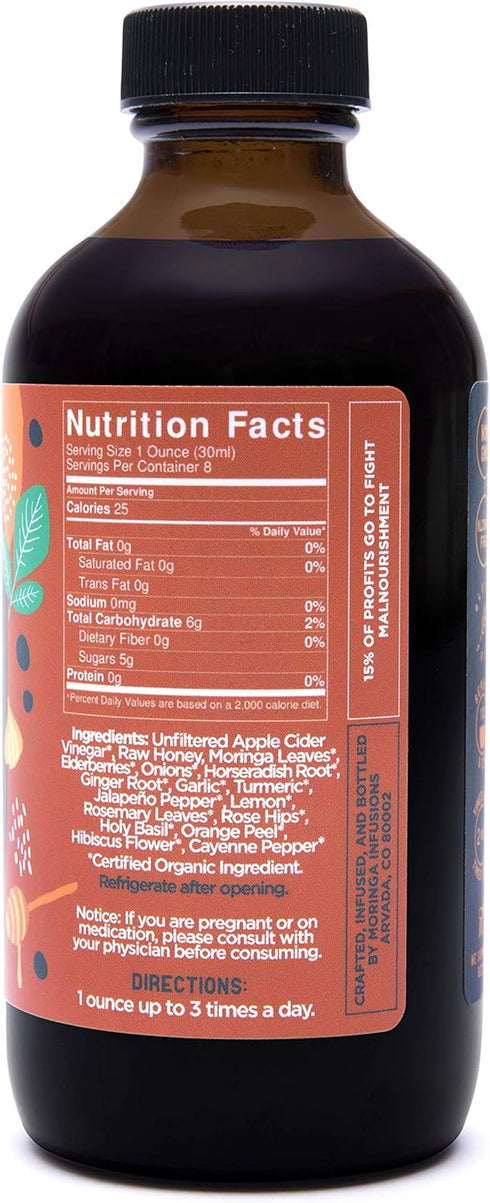 VINGA 8 oz., Immune 92 Lava Raw Apple Cider Vinegar Fire Cider with Cold Pressed Moringa Oleifera, Natural Cold and Flu