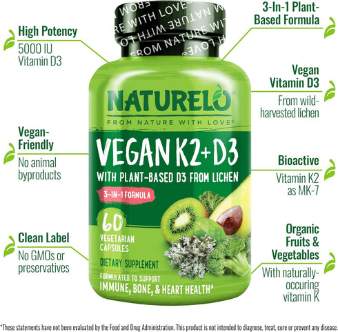 NATURELO Vitamin D3 K2 - Vegan Supplement for Immune System, Bone Support, 60 Capsules, Non-GMO