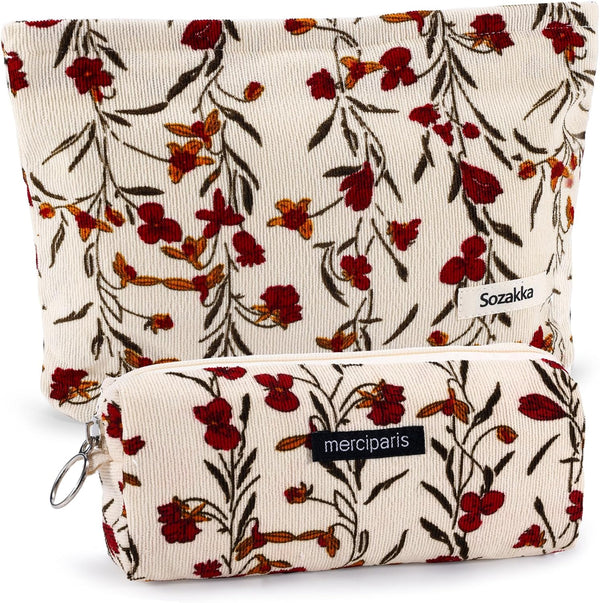 2Pcs Cute Floral Makeup Bag Set, Large Small Zipper Makeup Pouch for Women Girls, Aesthetic Portable Toiletry Bag (Red
