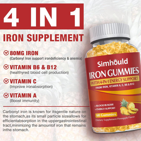 2 Pack Vegan 80MG Iron Supplement Gummies for Women & Men - Vitamin A, C, B for Adults & Kids - Blood Builder & Energy