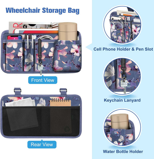 FINPAC Cup Holder Side Organizer Bag for Wheelchairs (Blooming Hibiscus)