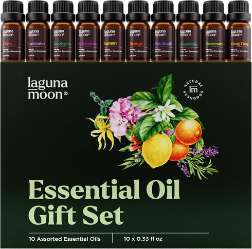 Lagunamoon 10-Pack Organic Essential Oils Set, 10mL, Top 10 Scents for Aromatherapy, Massage, Candle Making & Skin Care