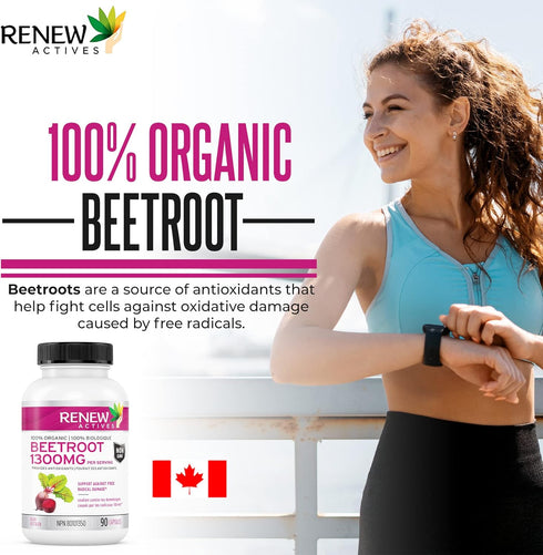 Renew Actives Organic Beetroot Supplement - 1300mg Extract for High Antioxidant Levels, 90 Veggie Capsules