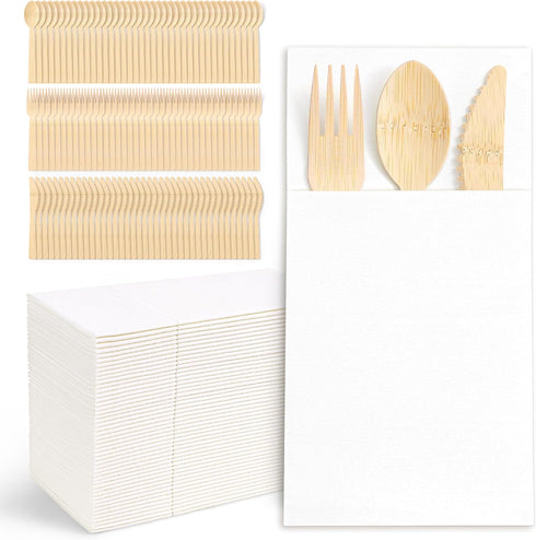 Napkin and Bamboo Cutlery Set, Compostable Utensils Disposable Cutlery for Party, Wedding,