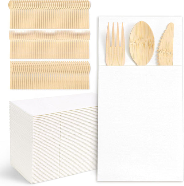 Napkin and Bamboo Cutlery Set, Compostable Utensils Disposable Cutlery for Party, Wedding,