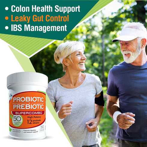 50 Billion CFU Prebiotic & Probiotic Supplement, 12 Strains for Daily Immune Support, 30 Veggie Capsules