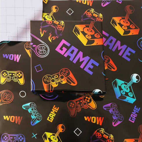 U'COVER Gaming Wrapping Paper, Birthday Gift Wrap for Boys Kids Girls Men, 3 Large Sheets Video Game Wrap Paper