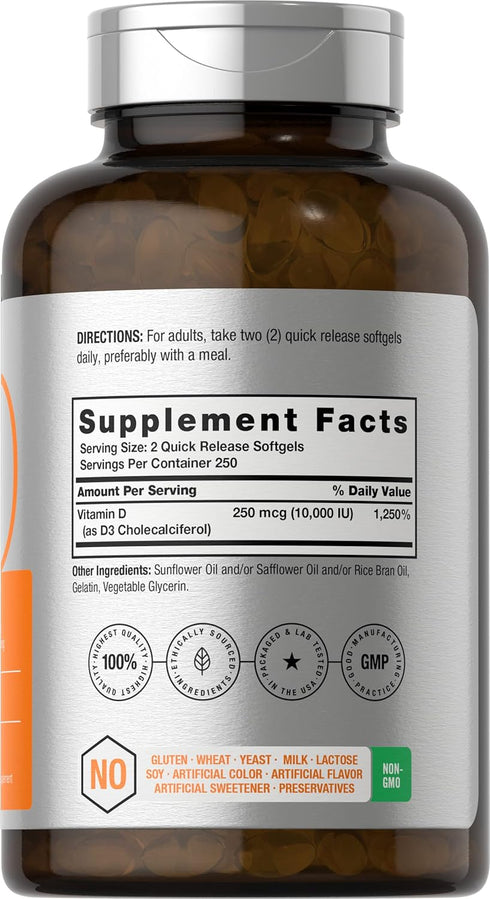 Horbaeach Vitamin D3 10000 IU | 500 Softgels | Non-GMO, Gluten Free Supplement | Value Size | 250mcg | High Potency Formula