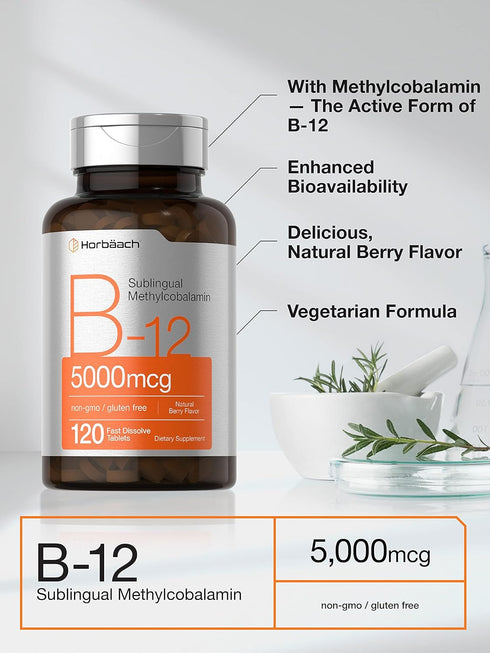 Horbaach B12 Sublingual Methylcobalamin 5000mcg, 120 Fast Dissolve Tablets - Vegetarian, Non-GMO, Gluten Free