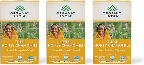 Organic India Tulsi Honey Chamomile Herbal Tea - Stress Relieving & Calming, 18 Infusion Bags, 3 Pack