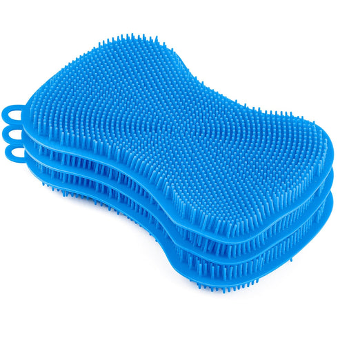 Silicone Heat Resistant Dishwasher Sponge, Fruit Cleaner, Vegetable Washer, Non Scratch Durable Bristles, Blue 3-Pack