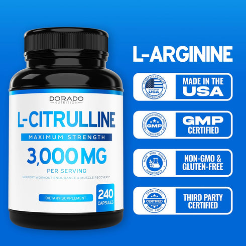 L Citrulline 3000mg Supplement (240 Capsules) - Support L Arginine & Nitric Oxide Pills for Workouts - Non-GMO, Vegan