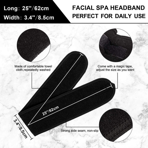 Whaline Spa Facial Headband - Adjustable Terry Cloth Makeup Wrap for Face Washing, Shower, 3 Pieces (White, Black, Pink)