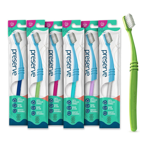 Preserve Eco Friendly Adult Toothbrushes - Made in The USA from Recycled Plastic, 6 Pack, Colors Vary