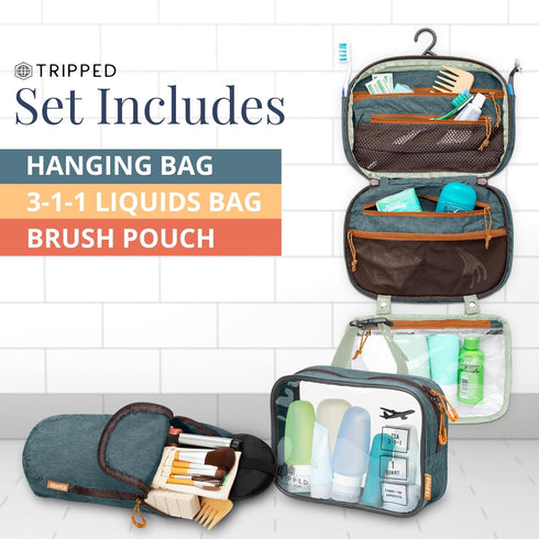 Toiletry Bag Kit Set: Hanging Travel Bag + 311 TSA Cosmetic Liquid Bag + Ultralight Organizer Pouch (Green)