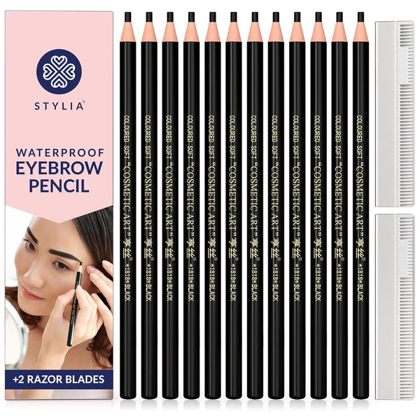 Stylia Waterproof Eyebrow Pencil Set (12 Pieces - Black), Long Lasting Eyebrow Pencil Liners for Makeup
