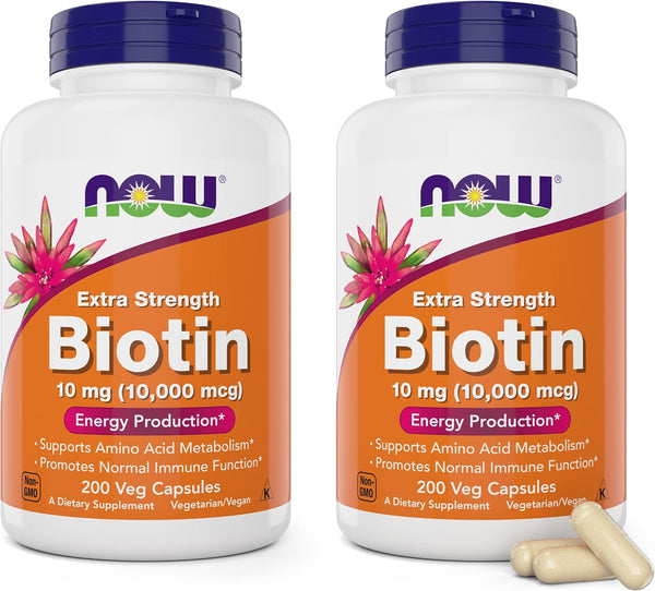 NOW Foods Extra Strength Biotin 10000mcg / 10 mg - 200 Veg Capsules for Hair, Skin, Nail, Vegetarian