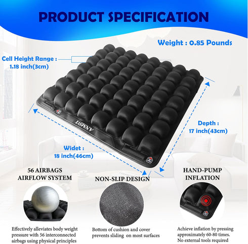 Air Inflatable Pressure Relief Seat Cushion for Wheelchair, Car, Office, Adjustable Firmness for Coccyx, Sciatica Pain