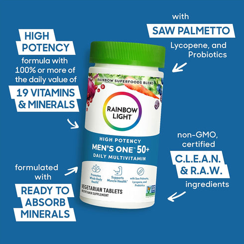 Rainbow Light Multivitamin for Men 50+, Vitamin C, D & Zinc, Probiotics, High Potency Immune Support, Non-GMO, 150