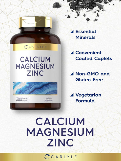 Carlyle Calcium Magnesium Zinc, 300 Caplets, Vegetarian, Non-GMO, Gluten Free Supplement