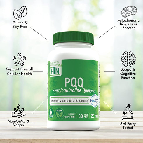 Health Thru Nutrition PQQ 20mg 30 Servings Pyrroloquinoline Quinone as PureQQ | Promotes Mitochondrial Biogenesis | Certified Vegan | Non-GMO Gluten Soy Free Capsules| Clean Label PQQ Supplement
